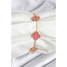 316L Çelik Gold Zincir Pembe Yonca Renk Bileklik 5886 - HS2172-2315
