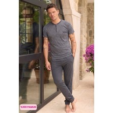Seamlife Homewear Erkek Gri Desenli 3 Düğmeli Bisiklet Yaka %100 Pamuk Penye Kısa Kol Cepli Pijama Takımı