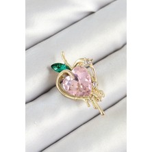 Pembe ve Yeşil Zirkon Taşlı 3D Eriyen Kalp Figürlü Gold Renk Kadın Broş 5886 - HS6194-1831