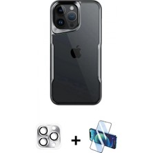 Marsilyan™- iPhone 16 Pro Max Kılıf Akış Çizgi Koleksiyonu - Siyah 3D Antistatik Cam Ekran Koruyucu + Pers Alüminyum Kamera Lens - Gs