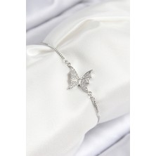 Pirinç Zirkon Taşlı Kelebek Model Gümüş Renk Asansörlü Kadın Bileklik 5886 - HS5311-6069