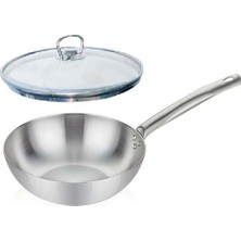 altabi Cam Kapaklı Çelik Wok Tava 28 cm Paslanmaz Çelik