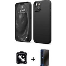 Marsilyan™- iPhone 14 Kılıf Kozmos Yansıma Özel Seri - Siyah 3D Antistatik Hayalet Cam Ekran Koruyucu + Pvd Metal Kamera Lens - Gs
