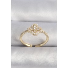 Pirinç Gold Renk Zirkon Taşlı Yonca Model Inci Detay Kadın Yüzük 5886 - HS5571-9487