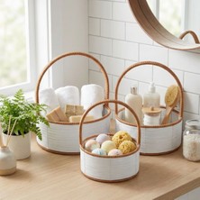 Ozcmax 3 Boy Iç Içe Geçebilen Plastik Rattan Sepetler–beyaz Renkli,kahverengi Saplı, Çok Amaççlı Düzenleyici ve Sunum Sepeti Seti