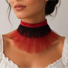 BijuStore Kırmızı Organze Tül - Sateb - Siyah El Işi Boncuk Kadın Choker