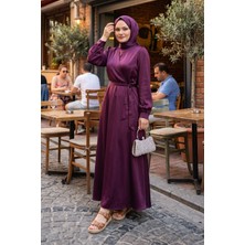 Modestim Kadın Mürdüm Saten Tesettür Abiye Elbise Uzun Kollu Kuşaklı Düğün Nişan Özel Gün Tesettür Elbise