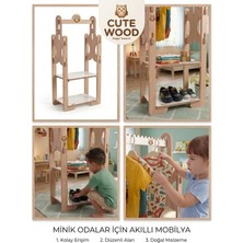 Cute Wood Montessori Çocuk Askılığı, Ayakkabılık ve Raf Düzenleyeci-  Açık Gardırop