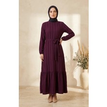 Sefa Merve Büzgülü Kuşaklı Elbise 0551-06 Mürdüm