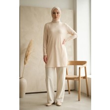Sefa Merve Bürümcük Kumaş Uzun Tunik 0508-05 Krem
