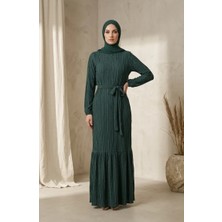 Sefa Merve Büzgülü Kuşaklı Elbise 0551-05 Yeşil