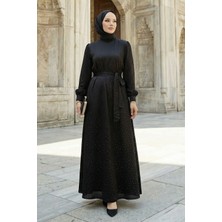 Modestim Kadın Saten Taş Işlemeli Kuşaklı Tesettür Düğün Nişan Özel Gün Abiye Elbise Siyah
