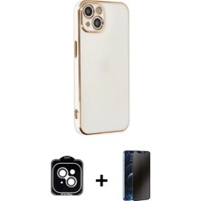 Marsilyan™- iPhone 14 Kılıf Yankı Serisi - Siyah 3D Antistatik Hayalet Cam Ekran Koruyucu + Pvd Metal Kamera Lens - Gs