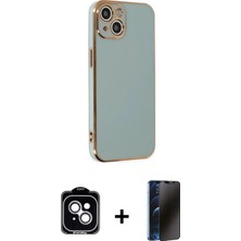 Marsilyan™- iPhone 14 Kılıf Yankı Serisi - Siyah 3D Antistatik Hayalet Cam Ekran Koruyucu + Pvd Metal Kamera Lens - Gs