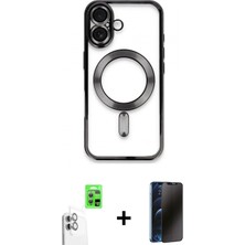 Marsilyan™- iPhone 16 Kılıf Nova Işık Özel Seri - Siyah 3D Antistatik Hayalet Cam Ekran Koruyucu + Raze Metal Kamera Lens - Bz