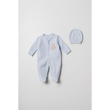 Hafy Baby Ayıcık Nakışlı, Patikli, Erkek Bebek Tulumu ve Bere Seti