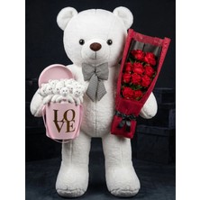 Lenostra 90cm Büyük Beyaz Peluş Ayı 15'li Mini Ayıcık Pembe Love Kutusu & Kırmızı Gül Buketi Sevgiliye Doğum Günü Konsept Hediye Seti