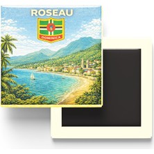 İberk Retro Dominika Roseau Şehri Temalı Vintage Buzdolap Magneti – 9x9 cm
