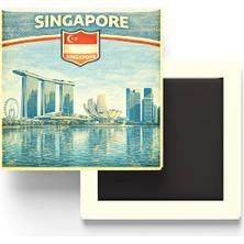 İberk Retro Singapur Singapur Şehri Temalı Vintage Buzdolap Magneti – 9x9 cm