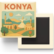 İberk Konya - Memleket Temalı - Paper Cut Art - Baskılı Buzdolap Magneti Kare - 9x9 cm