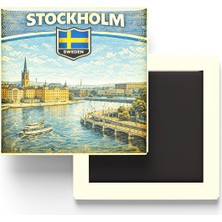 İberk Retro Isveç Stockholm Şehri Temalı Vintage Buzdolap Magneti – 9x9 cm