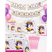 Unicorn Temalı 52 Parça 8 Kişilik Doğum Günü Seti Tabak Bardak Balon Flama