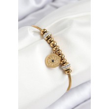 Serelya 316L Çelik Zirkon Taşlı Göz Charm Model Gold Renk Kadın Bileklik