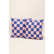 Mefaks Tekstil Kare Desenli Babyface Kırlent Kılıfı 45X45 cm 2'li Set Gizli Fermuarlı Toz Pembe-Mavi