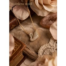 Stainless Steel 316L Çelik Zincir Gold Renk Zirkon Taşlı Kuğu Çelik Kolye