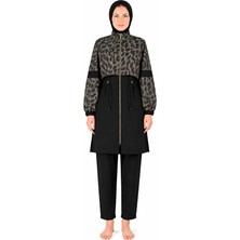 Moodbasic Hızlı Kuruyan Sporcu Likra Paraşüt Kumaş Leopar Desenli Kadın Tesettür Mayo 36292