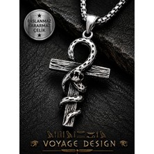 Voyage Accessory Paslanmaz Kararmaz Çelik Antik Gümüş Yılan Detaylı  Egyptian Ankh Kolye