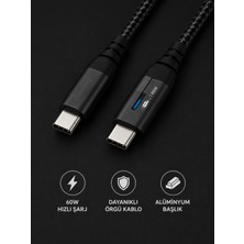 HiboTekno 60W Type-C To Type-C Hızlı Şarj Kablosu Örgülü 1.2m 60W Süper Hızlı Şarj - LED Göstergeli