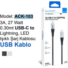 HiboTekno 0.30M LED Göstergeli 27W Usb-C To Lightning LED Işıklı Örgü Şarj ve Veri Kablosu (3A)