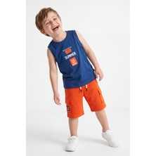 Joy Kids Erkek Çocuk %100 Pamuk Kargo Cepli Askılı Takım (3-6yaş) (Lacivert-Turuncu)