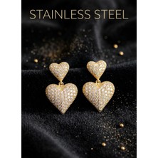 Stainless Steel 316L Çelik Gold Renk Zirkon Taşlı Ikili Kalp Model Küpe