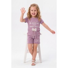 Joy Kids Kız Çocuk Kurdele Aksesuarlı Taş Detaylı Takım (2-5yaş) (Lila)