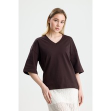 Rose Arya Kahve  V Yaka Over Tshirt