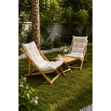 Reyo Bysay Ahşap Katlanabilir Taşınır Puf Minderli Şezlong Balkon Sandalyesi Takımı 3 Lü Set Krem