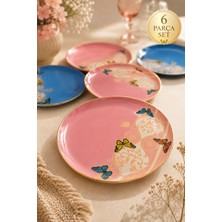 6 Kişilik 26 cm Pembe Mavi Kelebek Desenli Gerçek Altın Yaldızlı Pasta Servis Tabağı Seti Sudedi Home