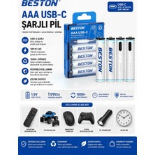 Azurtech Beston Aaa Usb-C Şarjlı Pil 4’lü 660MWH Şarj Edilebilir Pil Seti