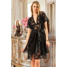 Sistina Csmtex Siyah Dantelli Sabahlık & Gecelik Takım 2' Li - 1455 - Beden S/m