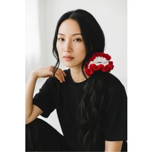 Handmade Kadın Beyaz Kırmızı Çizgili Örgü Dev Boy Scrunchie - El Yapımı Crochet Lastik Toka