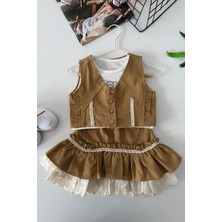 Miniğimin Cicileri Vintage Dantel Katmanlı Kız Çocuk 3 Lü Etekli Takım - Camel