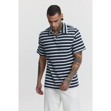 Fandr Studio Erkek Lacivert-Beyaz Standart Fit Polo Yaka Çizgili Triko Tshirt