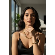 Xuping Jewelry Gold Kaplama Taşlı Küba Zincir Kolye ve Bileklik Takı Seti - Ayarlanabilir Lüks Takım