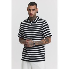 Fandr Studio Erkek Siyah-Beyaz Standart Fit Polo Yaka Çizgili Triko Tshirt