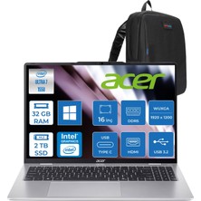Acer Aspire Lite AL16-53P Intel Core Ultra 7 155U 32GB Ddr5 2tb SSD Windows 11 Home  Intel® Aı Boost 16" Wuxga (1920X1200) IPS Laptop NXD5EEY001H13 + Zetta Çanta