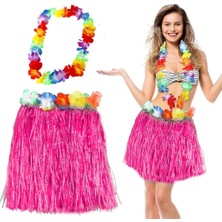 Mrs- Hawaii Luau Aloha Pembe Püsküllü 40 cm Etek ve Hawaii Kolye Seti -548484