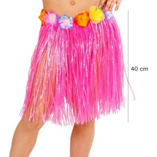 Mrs- Yetişkin ve Çocuk Uyumlu Pembe Renk Püsküllü Hawaii Luau Hula Etek 40 cm -548484