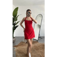 Asfa Moda Kadın Kırmızı Halter Yaka Boyundan Geçirmeli Sırt Dekolteli Mini Elbise